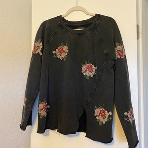 Lucky Brand Grey Flower Embroidered Sweater
